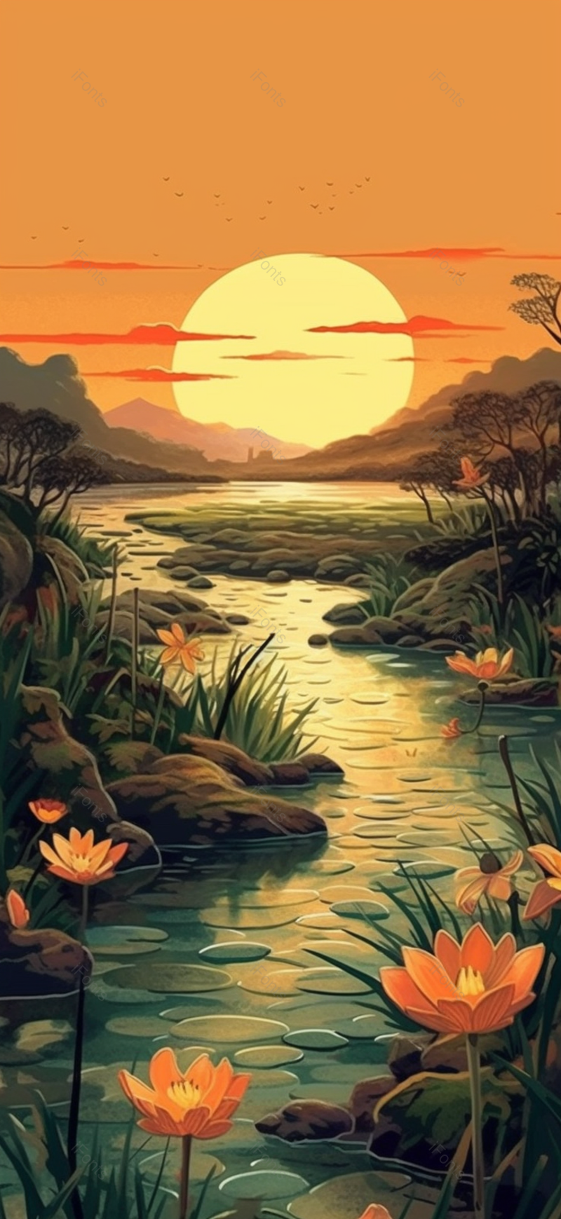 夏日湖边夕阳池塘石头野草唯美风景画,插画/手绘图,插画/手绘图库,插画/手绘图下载,插画/手绘
